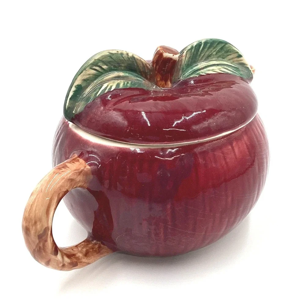Vintage‎ Red Apple Ceramic Teapot with Lid Hand Painted Fruit Shape Fall Decor